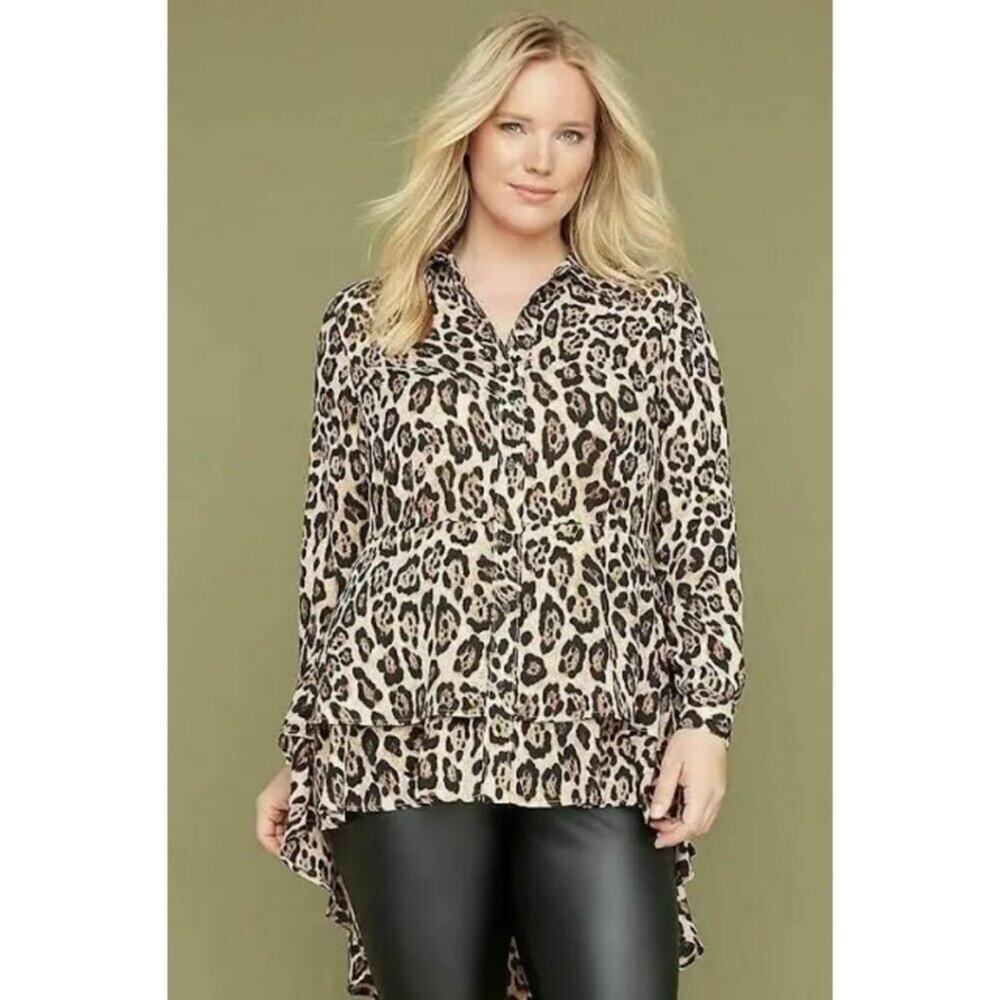 Lane Bryant Leopard Hi Low Tunic Button Down Blouse - EUC 16W